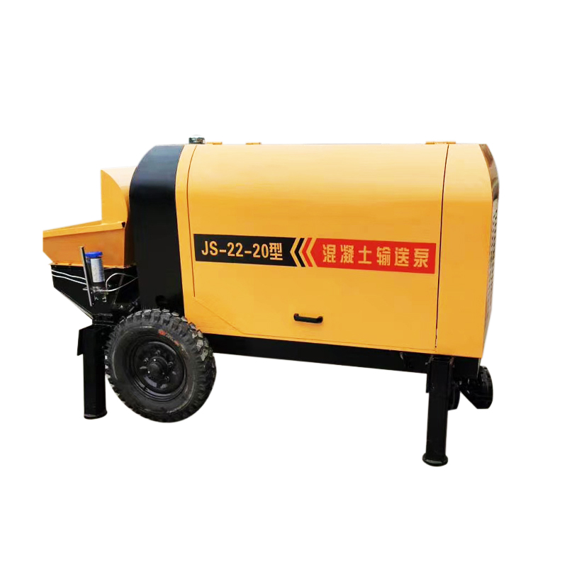 Source configuration side view of a yellow concrete pump labelled JS-22-20