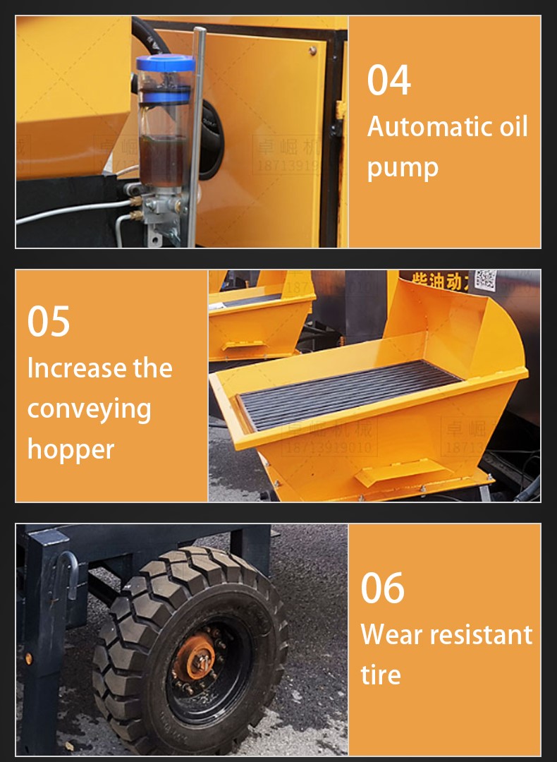 Concrete pump detail views of the lubrication unit, hopper and tire