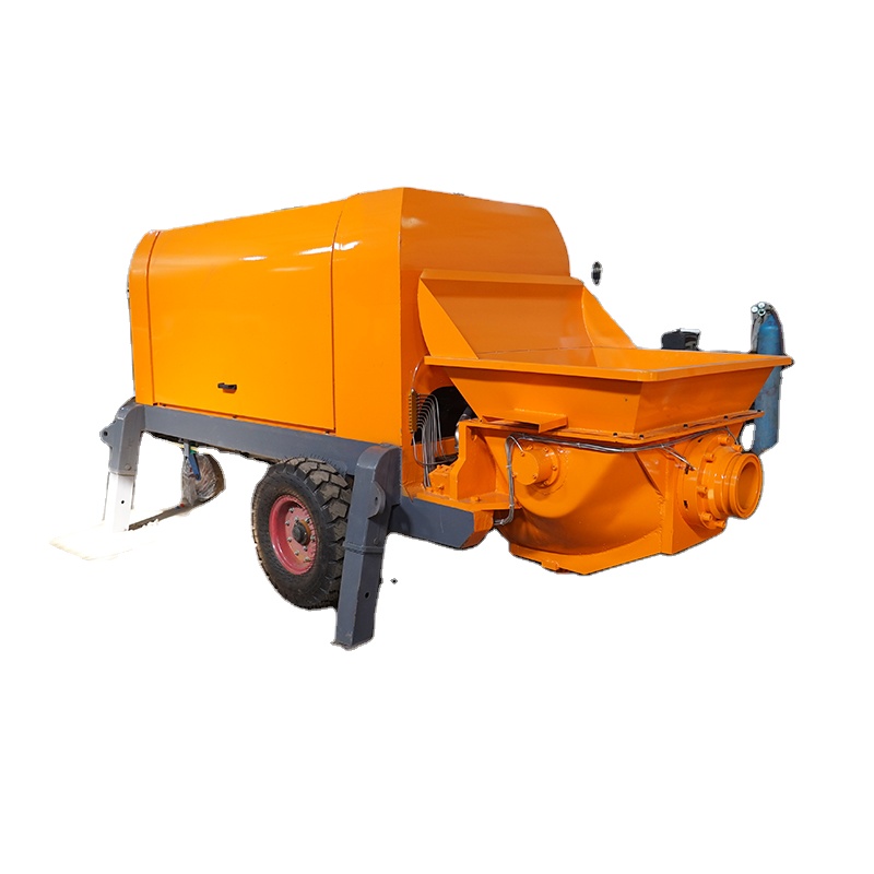 Orange electric concrete transfer pump with hopper, wheeled frame and support legs on a white background